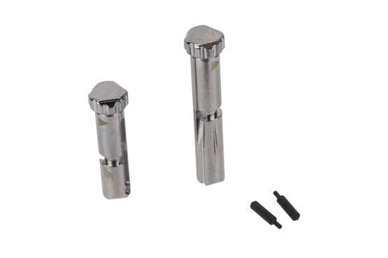 Strike Industries chrome AR-10 SHIFT pins include easy-install detents with spring guide.